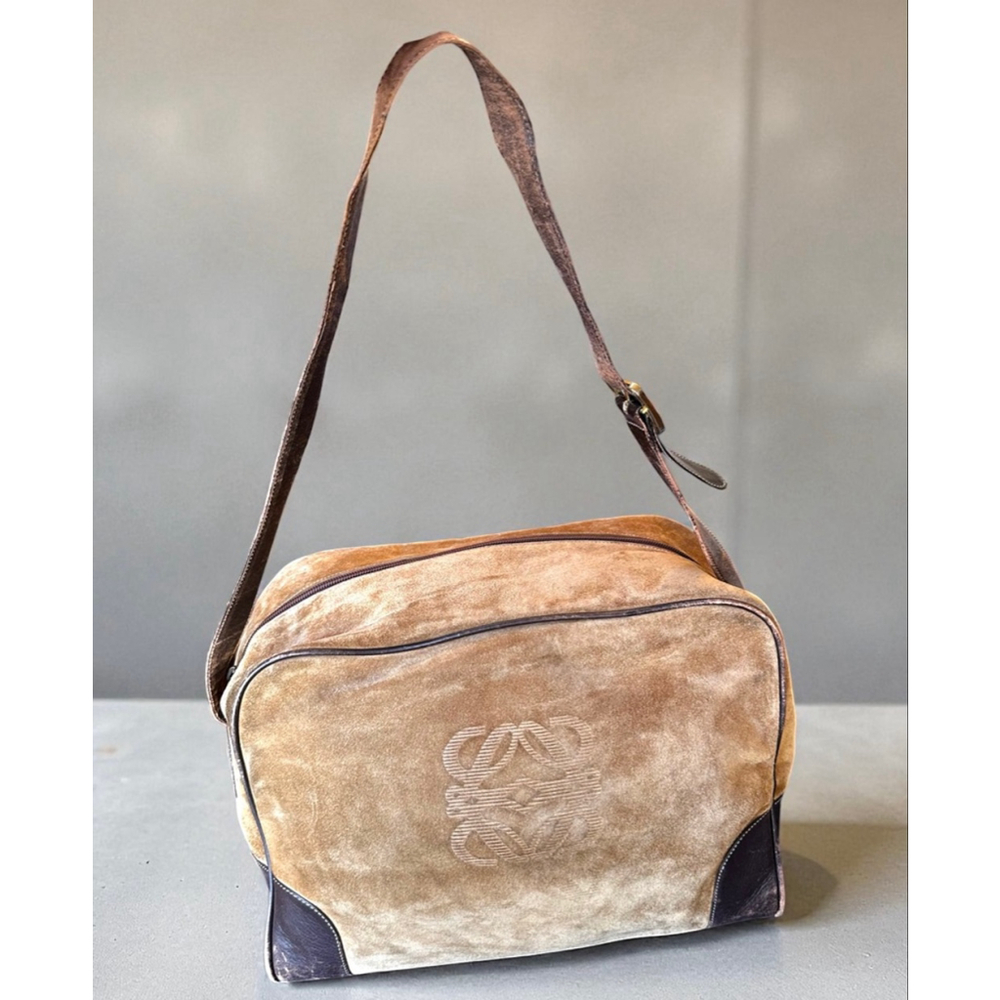 Loewe Brown Suede & Distressed Leather Square Travel Bag